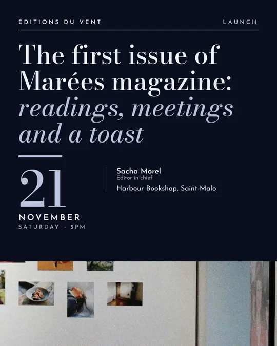 Sample flyer, "Typographic · Silver midnight" template, Opening & launch: "The first issue of Marées magazine: readings, meetings and a toast"