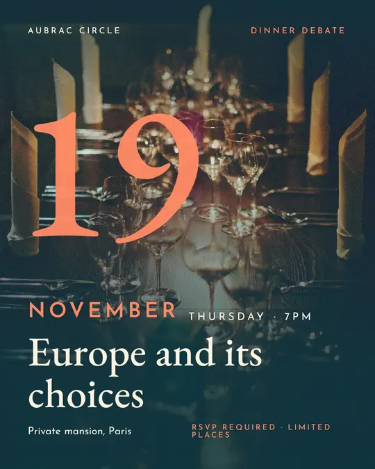 Sample flyer, "Giant date · Teal and coral" template, Dinner & reception: "Europe and its choices"