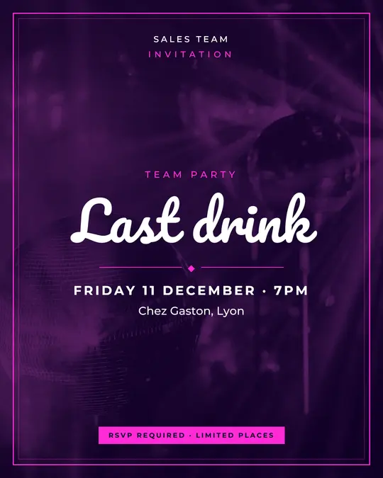 Sample flyer, "Framed card · Neon violet" template, Party & afterwork: "Last drink"