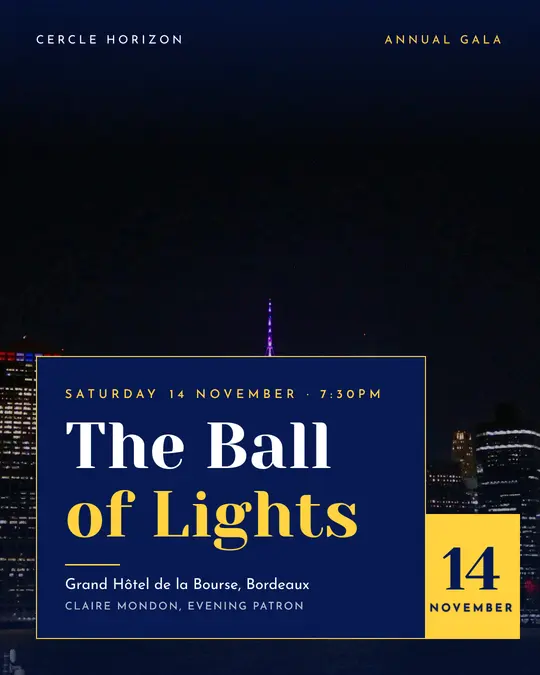 Sample flyer, "Laid card · Electric blue" template, Gala: "The Ball of Lights"