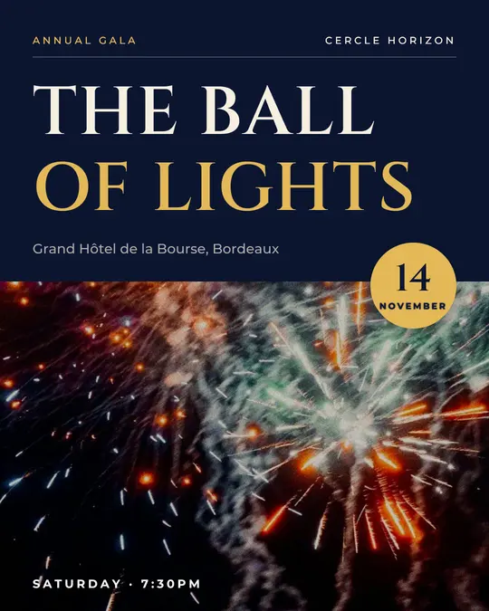 Sample flyer, "Photo foot · Night and gold" template, Gala: "The Ball of Lights"