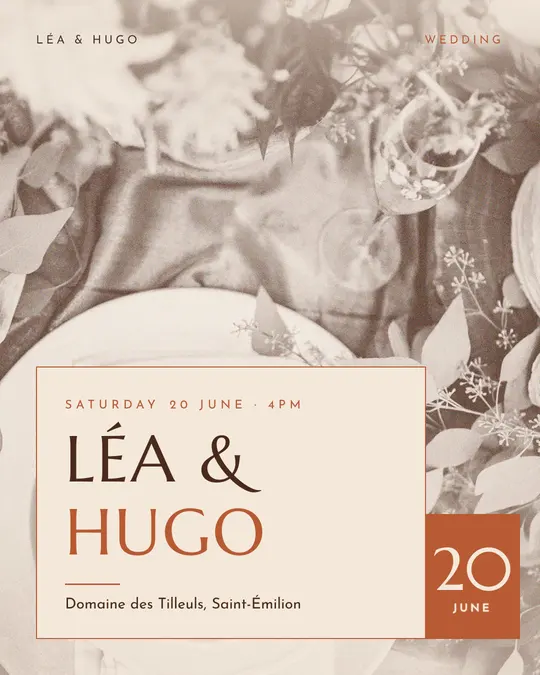 Sample flyer, "Laid card · Sand and terracotta" template, Wedding: "Léa & Hugo"
