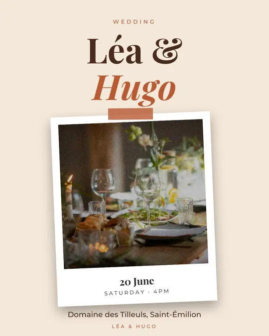 Sample flyer, "Print · Sand and terracotta" template, Wedding: "Léa & Hugo"